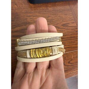 Vintage Bracelet Multi Strand Cream with Gold and Rhinestones Magnetic